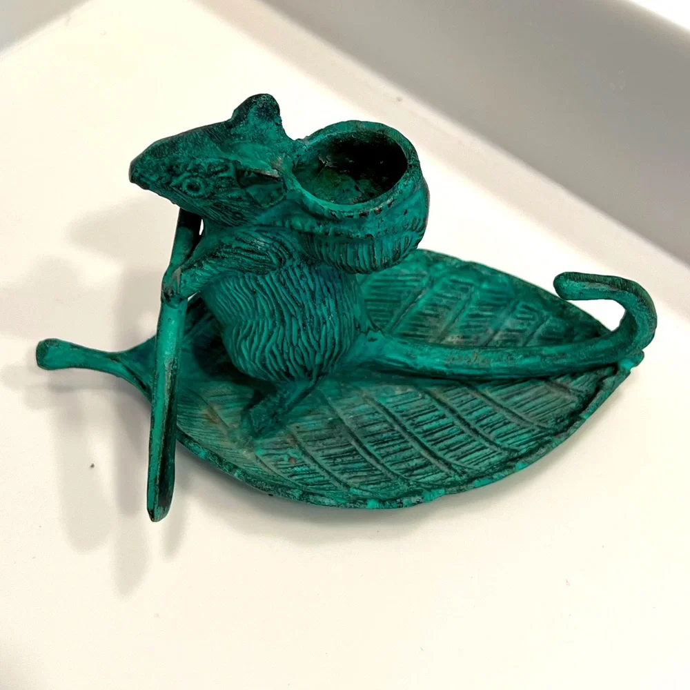 Green Mouse on a Leaf with a paddle Candle Holder Accent with Vintage Charm
